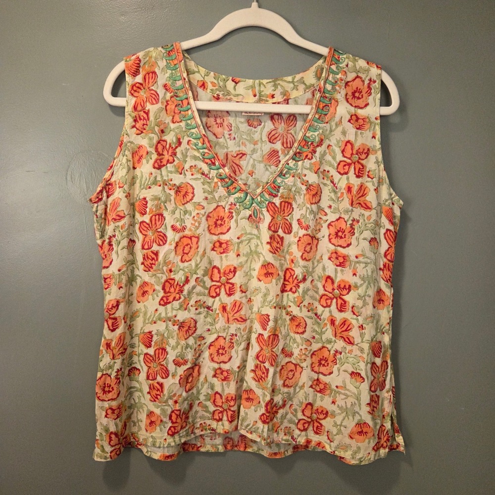 Sevya Women's Floral Print Lightweight Blouse Size XL 100% Cotton Embroidered